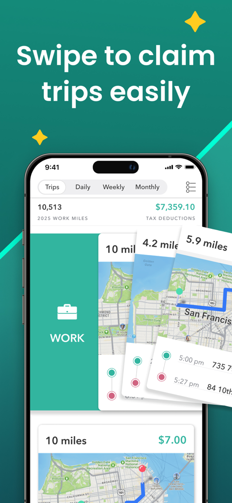 Interfaccia dell'app Everlance su schermo di smartphone che mostra il tracciamento del chilometraggio e lo scorrimento per classificare i viaggi per le detrazioni fiscali