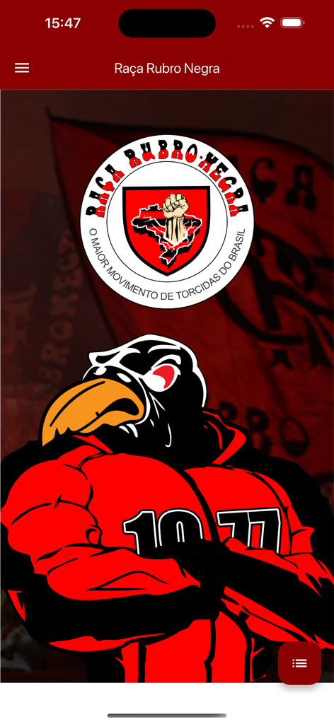 Schermata home dell'app Raca Rubro Negra con il logo ufficiale e una mascotte avvoltoio muscoloso in una felpa rossa e nera