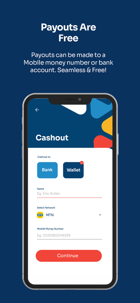 Chango - Groups & Crowdfunding - Interface de l'application Chango montrant les options de retrait gratuites vers des comptes bancaires et des portefeuilles Mobile Money comme MTN