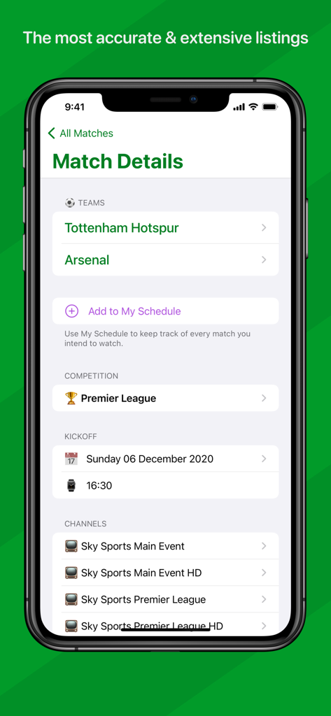 Tela de detalhes da partida para Tottenham vs Arsenal no aplicativo Live Football On TV mostrando a hora do pontapé inicial e os canais de TV
