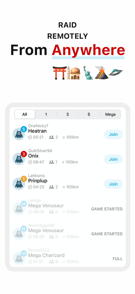 Screenshot of GO Raid Party app showing a list of remote raids for Pokemon including Heatran and Mega Venusaur
