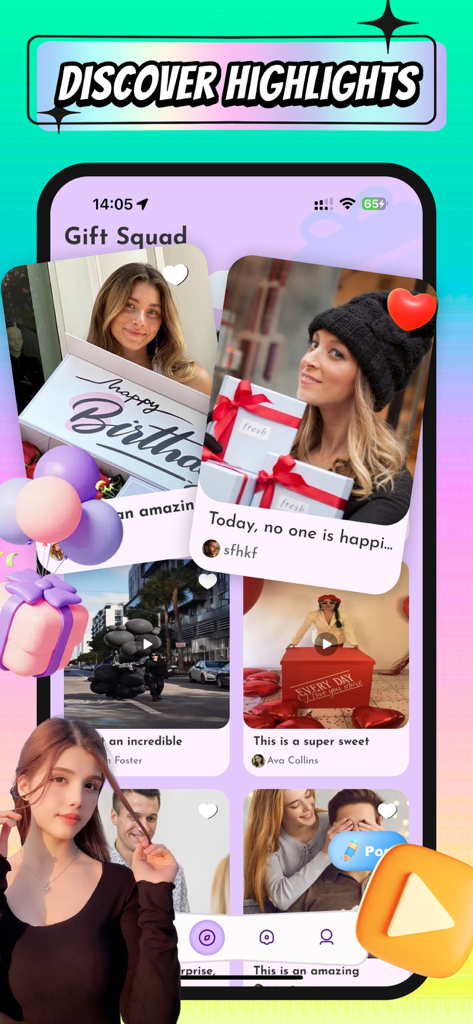 Screenshot of the Glifa app showing the Discover Highlights page with a social feed of people sharing gift-giving moments and community posts.