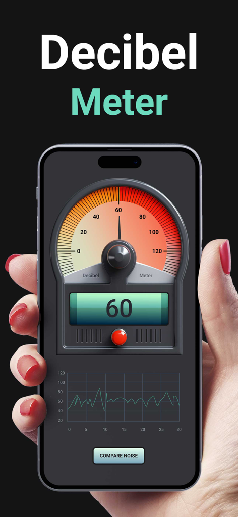 Una mano sosteniendo un teléfono inteligente que muestra la aplicación Medidor de Decibelios con un medidor de nivel de sonido analógico y un gráfico en tiempo real