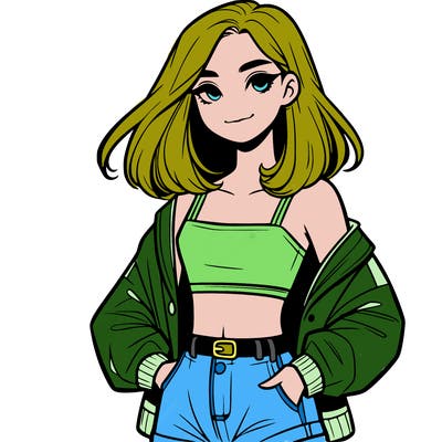 a realistic girl with a crop top and short shorts in an open jacket