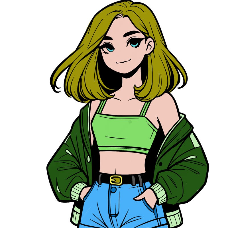 a realistic girl with a crop top and short shorts in an open jacket