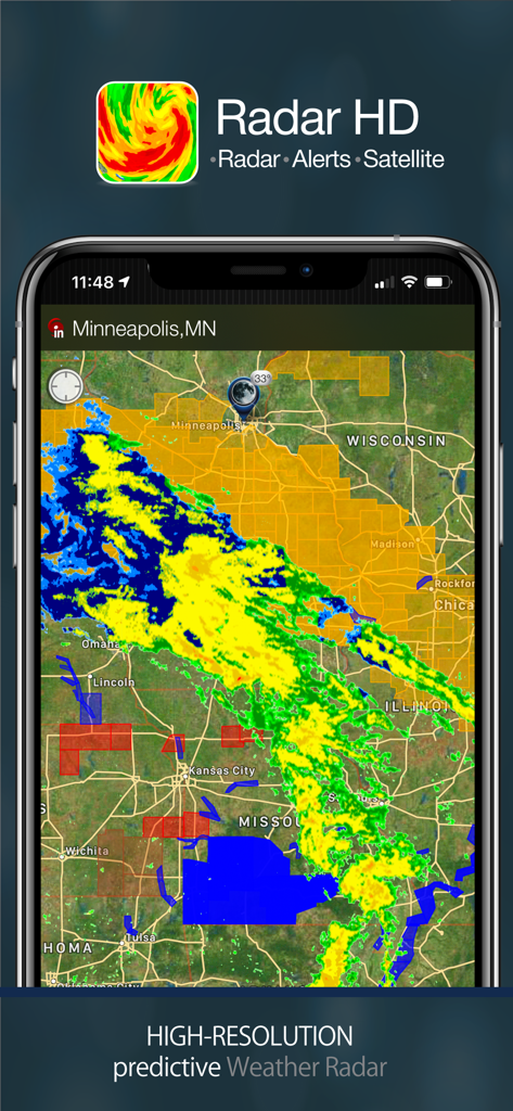 Radar HD app interface displaying high resolution predictive weather radar and storm alerts