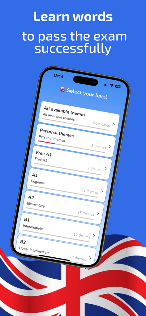 Easy Learn English! - Easy Learn English app screen for selecting language levels and vocabulary themes