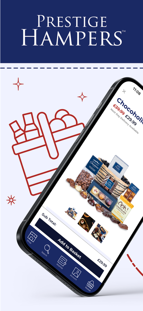 Prestige Hampers - A smartphone screen displaying a chocolate gift hamper within the Prestige Hampers mobile shopping app.