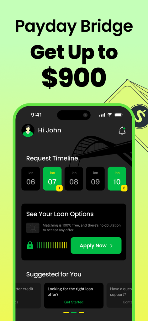 Payday Advance - Payday Bridge - Payday Bridge app dashboard showing cash advance options up to 900 dollars and an apply now button