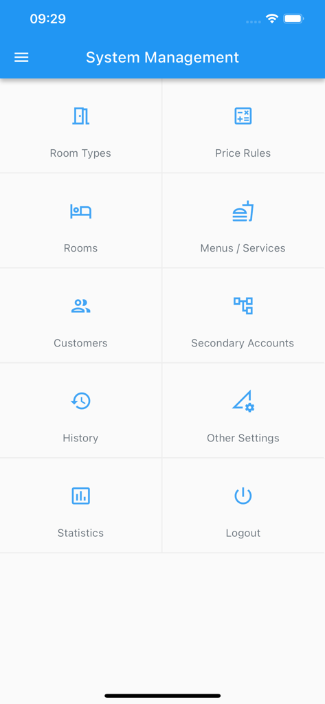 AzHotel Mobile App Systemmanagement-Dashboard mit Optionen für Zimmertypen, Preisregeln und Kundenakten