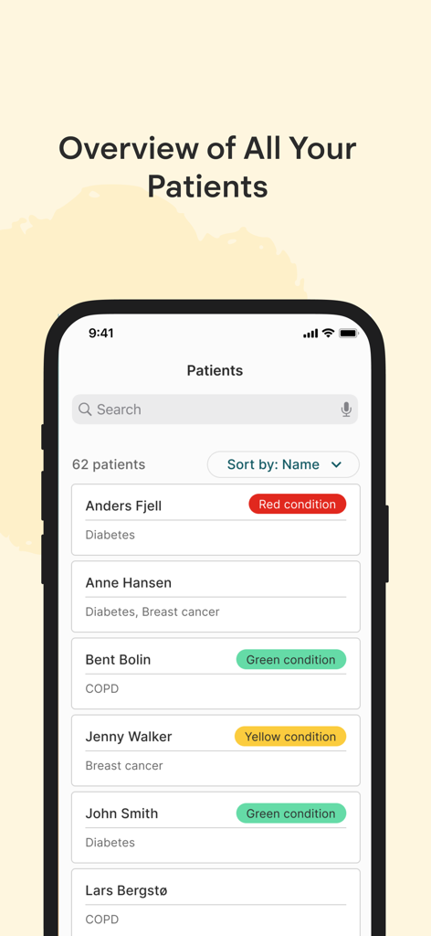 Dignio Prevent Go - Patient list overview in Dignio Prevent Go app showing color coded triage status