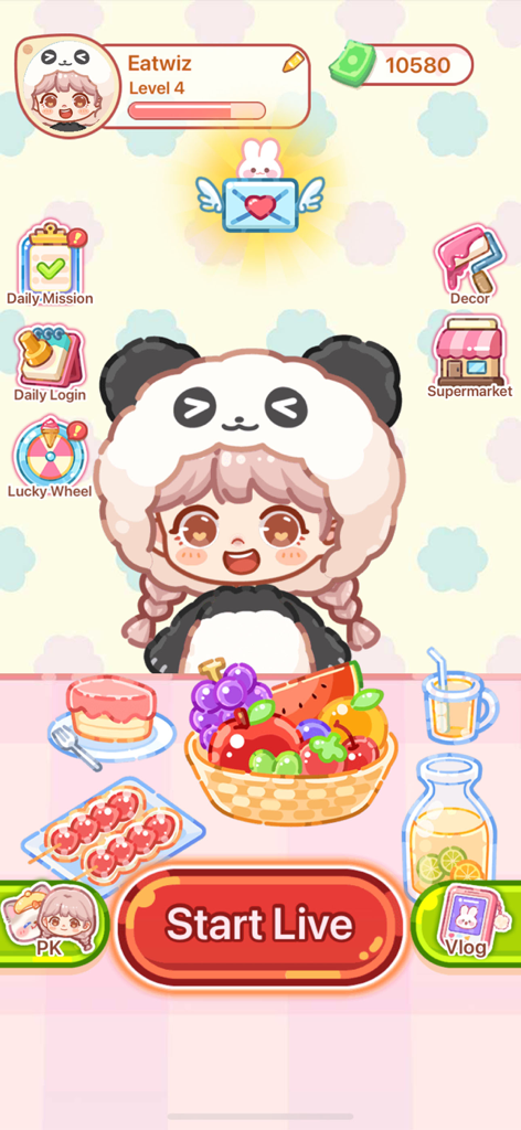 Crystal Candy:Mukbang ASMR - Main screen of Crystal Candy Mukbang ASMR featuring a cute character in a panda hat and a table of colorful sweets