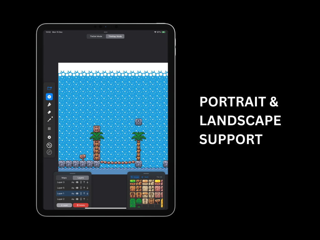 TilePix - TilePix app on iPad displaying a pixel art level editor in portrait orientation