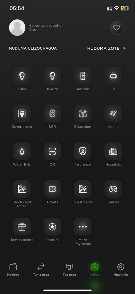 CRDB BANK SIMBANKING DRC - Screenshot of the CRDB Bank SimBanking DRC app showing a grid of various payment services including utilities, education, and investments.