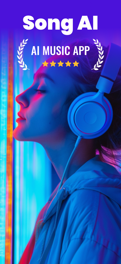AI Song Writer 2.0 - AI Song Writer app featuring a woman wearing headphones with neon lighting