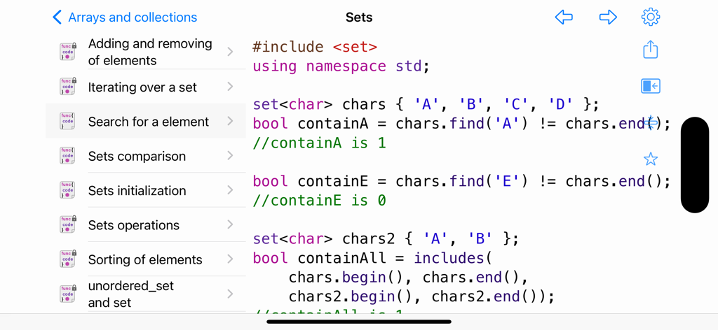 C++ Recipes - C plus plus code snippet for searching elements in a set within the C plus plus Recipes mobile app