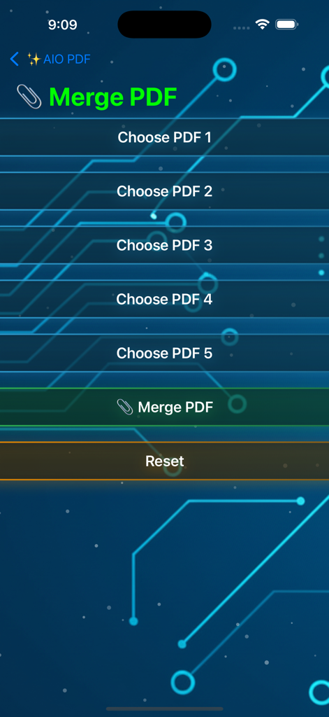 Merge PDF screen in the All in One PDF app showing options to select multiple files to combine into one document