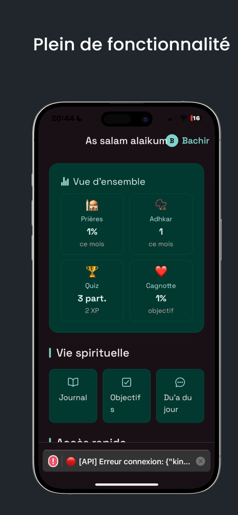 A screenshot of the Tayssir app dashboard displaying prayer statistics, spiritual goals, and daily Islamic tools in a modern dark mode interface.