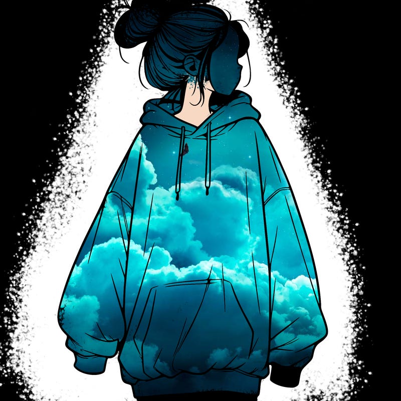 realistic girl with a oversized sweatshirt on and a bun