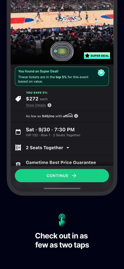 Gametime app screenshot showing a super deal on basketball tickets with a quick two tap checkout option