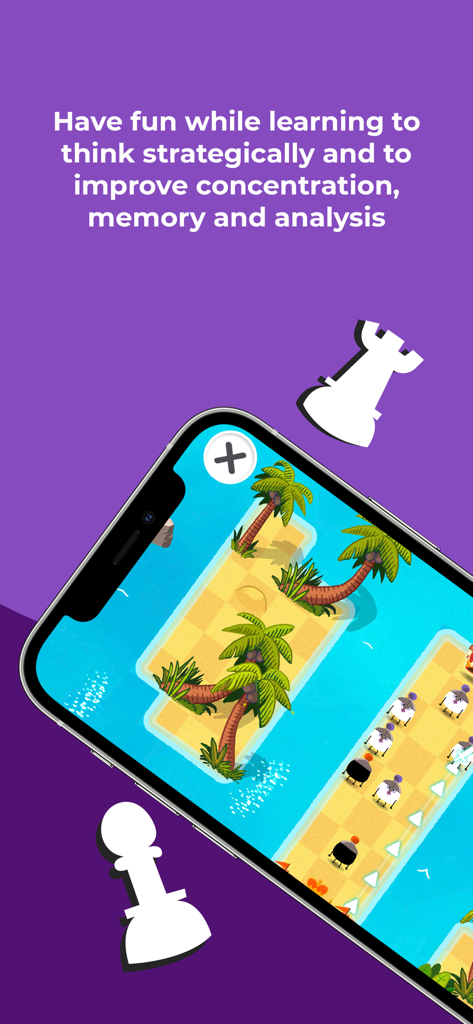 L'écran d'un téléphone mobile affichant une aventure d'échecs sur une île tropicale avec des pièces d'échecs flottantes