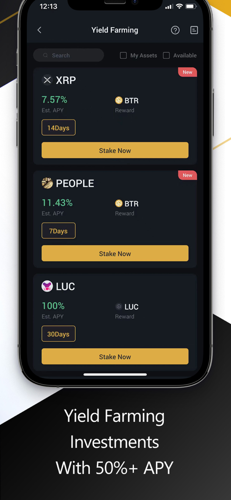 Bitrue - Buy BTC XRP & Crypto - Bitrue mobile app yield farming interface showing staking options for XRP and altcoins with high APY rates