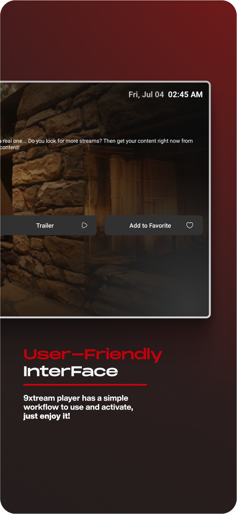 9Xtream 4K Player - IPTV Live - 9Xtream 4K Player-App, die eine benutzerfreundliche Oberfläche mit Videowiedergabesteuerungen und einer Favoriten-Schaltfläche zeigt