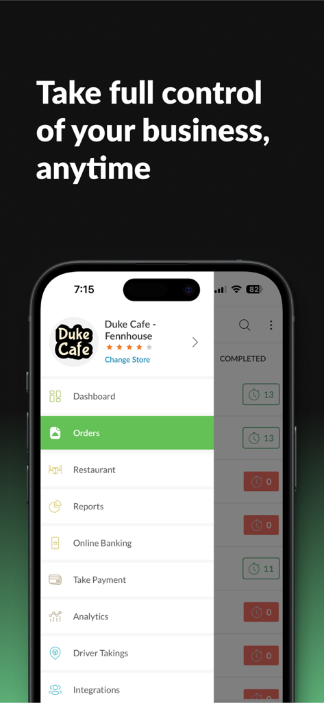 My Business Hub app interface showing the main navigation menu with options for orders reports and analytics