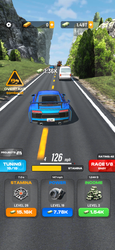 A blue sports car racing on a mountain highway with car upgrade tuning options for stamina, power, and income