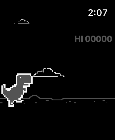 Juego minimalista de arte pixelado de T-Rex corredor en una pantalla de reloj