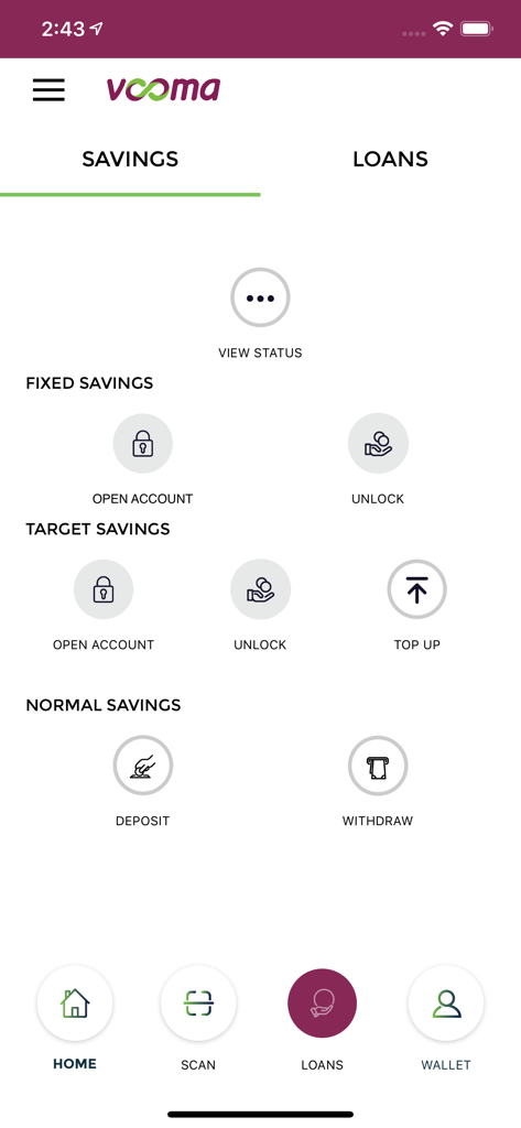 VOOMA - VOOMA app screen showing savings categories including fixed target and normal savings with options to open account top up or withdraw