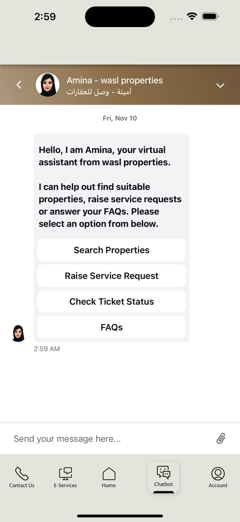 Wasl: Buy & Rent in Dubai - Chat interface with virtual assistant Amina for property search and support in the Wasl app