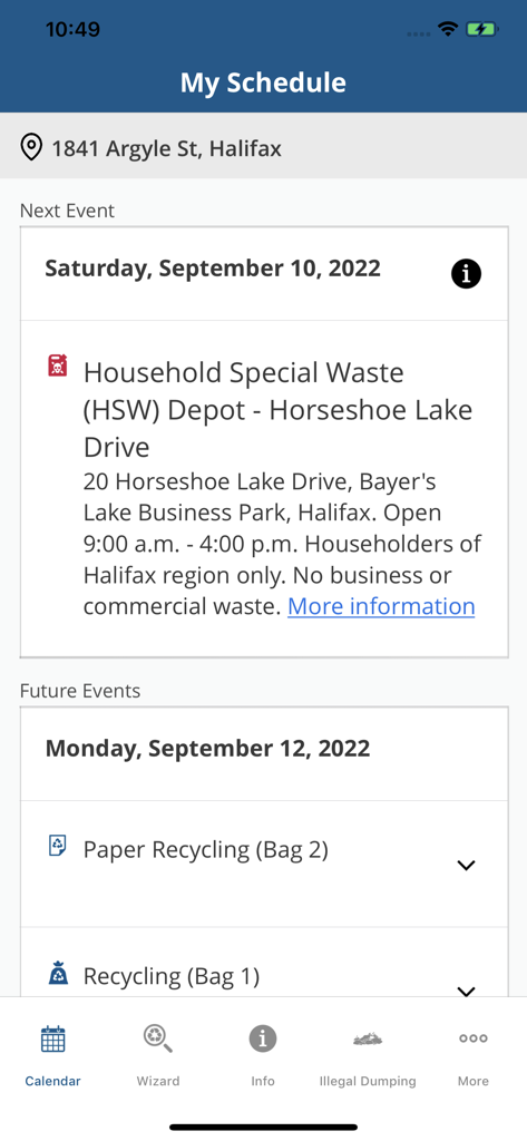 Halifax Recycles - The waste collection schedule screen in the Halifax Recycles app showing upcoming recycling and waste disposal events.