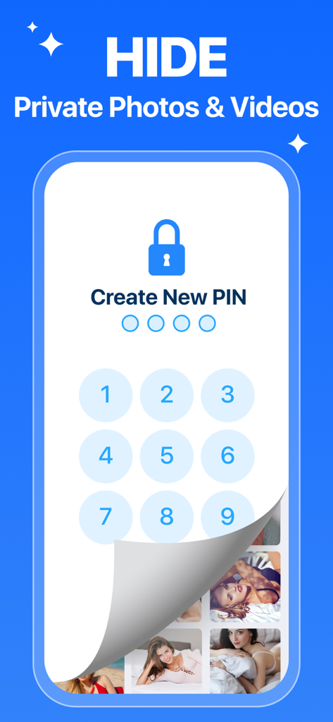 Una interfaz de aplicación móvil que muestra una pantalla de entrada de código PIN para ocultar fotos y videos privados.