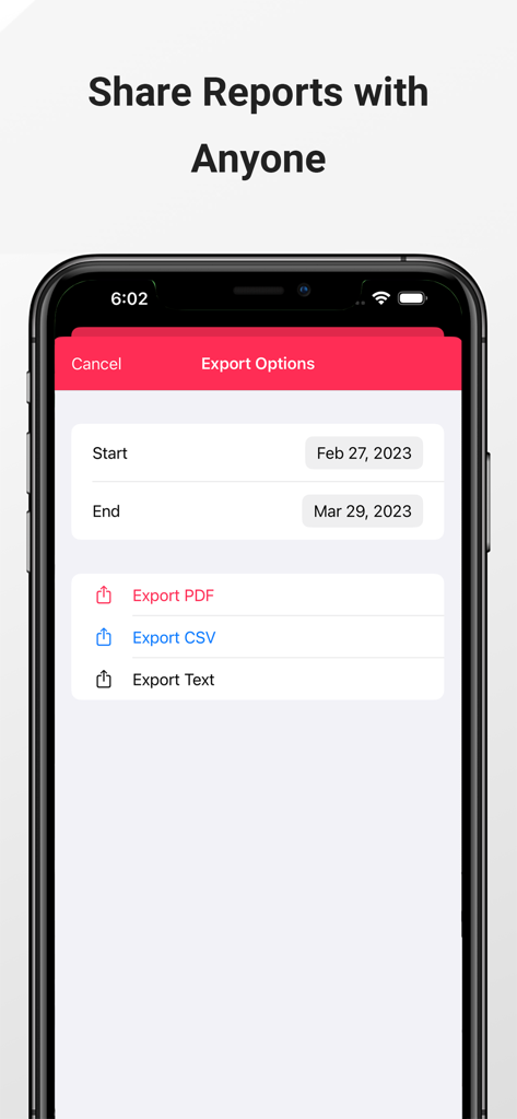 Pantalla de la aplicación móvil que muestra opciones para exportar informes de presión arterial en formatos PDF y CSV.