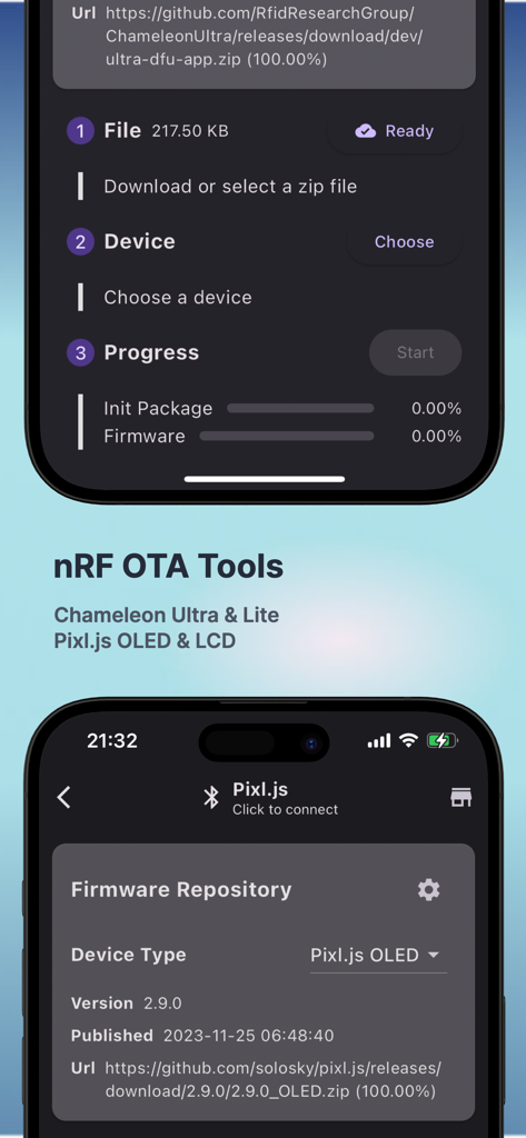 MTools BLE RFID Reader - MTools BLE app screen displaying nRF OTA tools for firmware updates on Chameleon Ultra and Pixl.js hardware