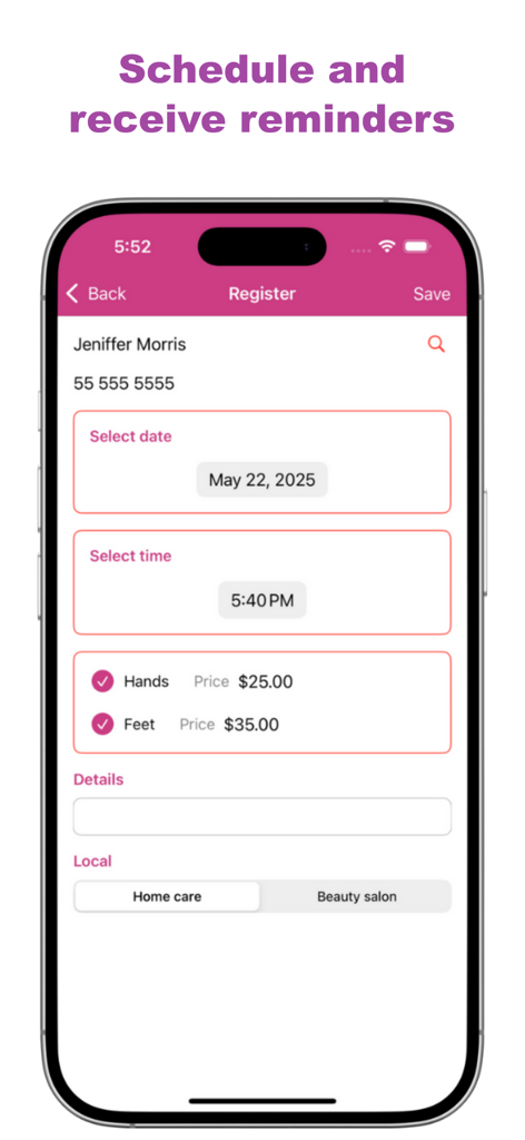 Screenshot of the Nail Tech Appointment App showing the interface to register a new client appointment with options for date, time, services, and location.