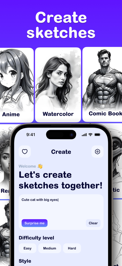 AR Drawing to Sketch & Paint - AR描画アプリのインターフェイスに、猫のスケッチを作成するためのAIプロンプトとともに、アニメや水彩などのスケッチスタイルが表示されている