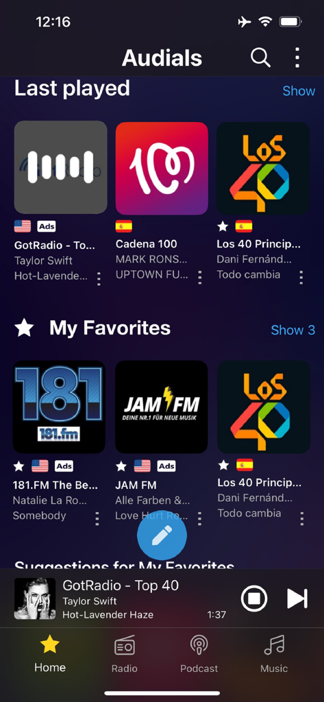 Audials Play - Radio & Podcast - Home screen of Audials Play app displaying favorite radio stations and current music playback