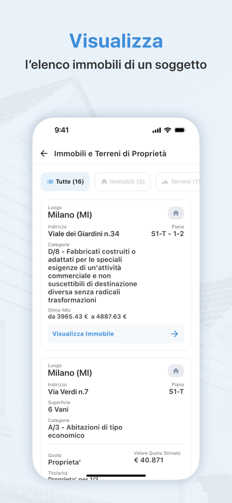 Mobile app screen showing a list of properties and land owned by an individual with details like address and category