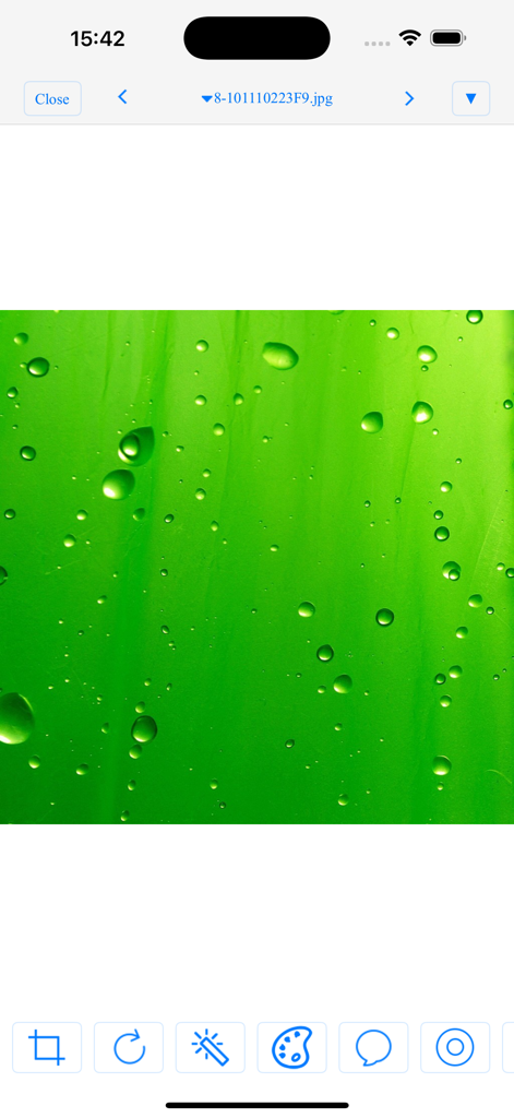 File Manager$ - Interface of the File Manager app showing a green image with water droplets and photo editing tools.