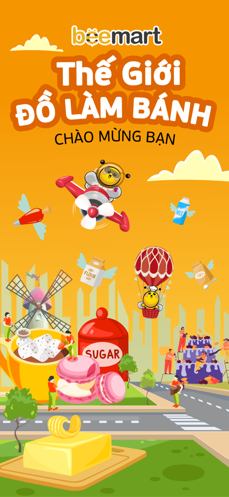Colorful illustration of a bee mascot in a baking world with cakes and ingredients for the Beemart app