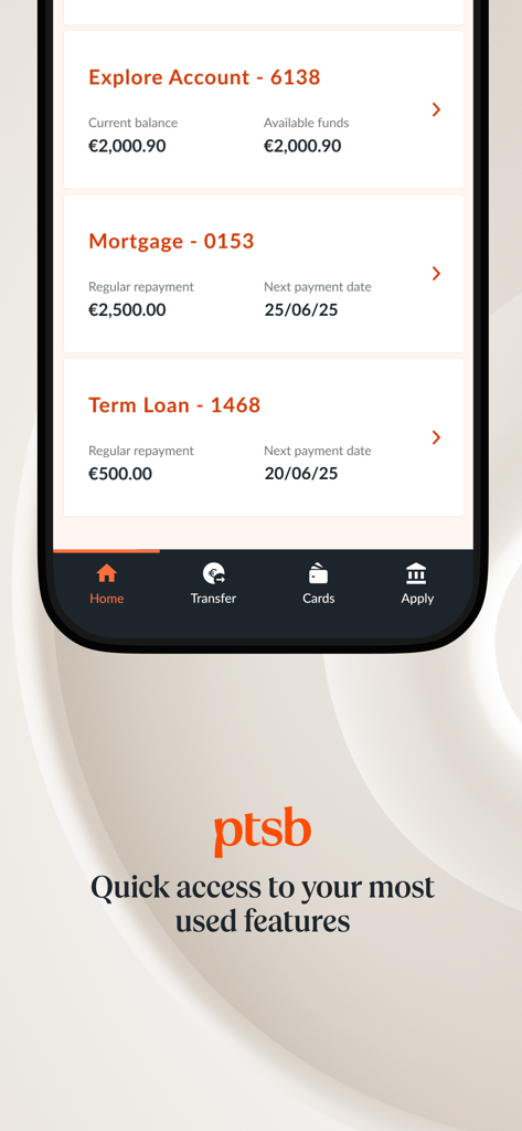 Pantalla de inicio de la app de banca móvil PTSB mostrando saldos de cuenta y detalles de préstamos