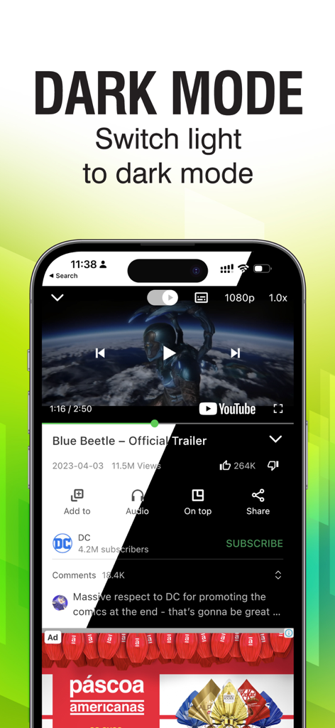 POPTube: Music & Video Podcast - Una interfaz de aplicación móvil que muestra una comparación de pantalla dividida entre el modo claro y oscuro en el reproductor de video POPTube