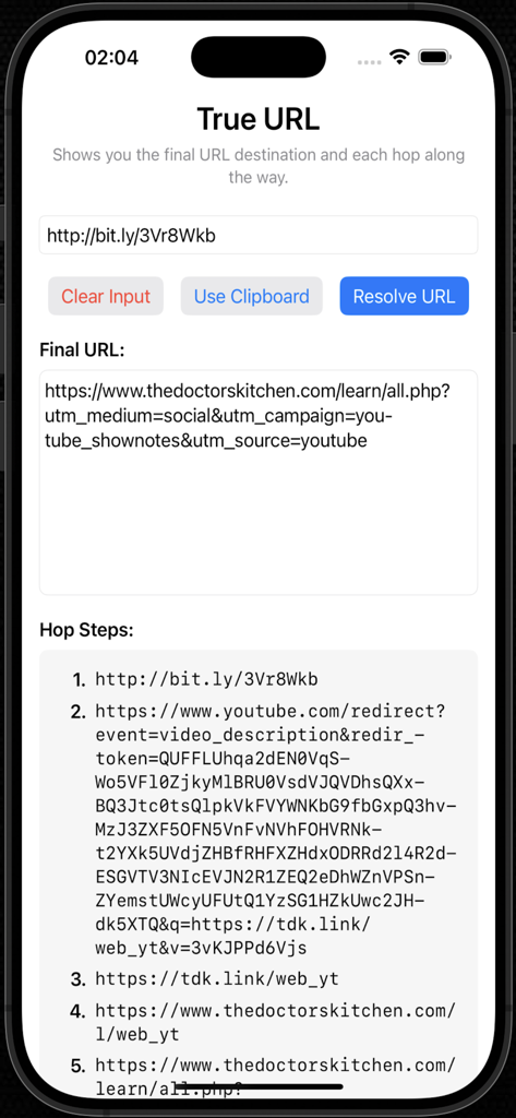 True URL - True URL app showing the final destination and redirect steps for a link.