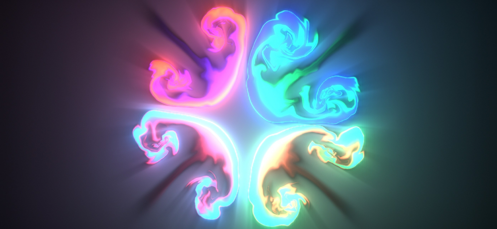 Leuchtende symmetrische Neon-Flüssigkeitsmuster auf dunklem Hintergrund.