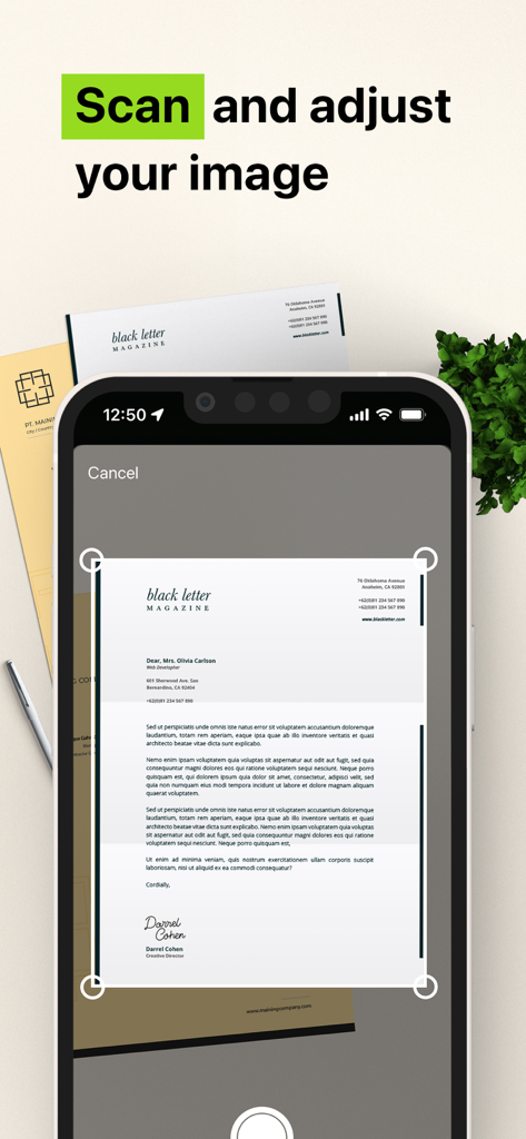 Interface d'application mobile montrant un smartphone numérisant et ajustant un document papier en PDF