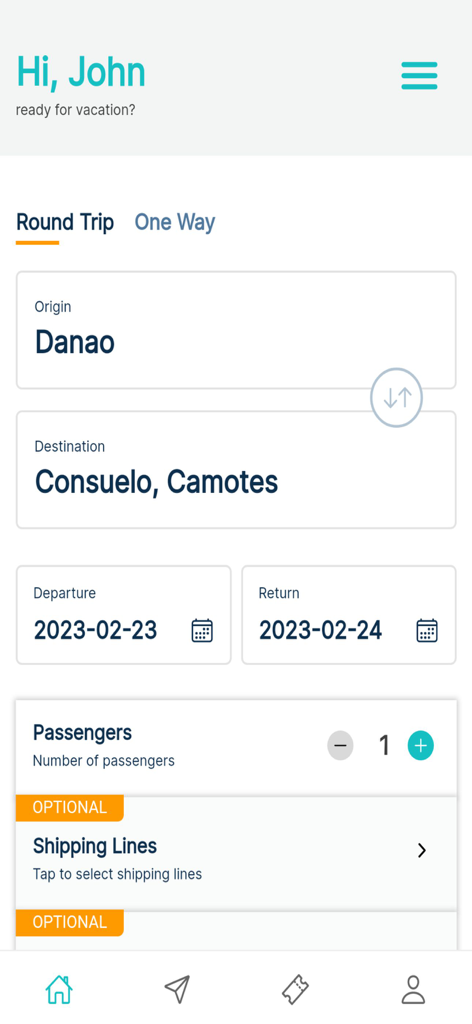 BARKOTA Ticket Booking - Barkota app search interface for booking a round trip ferry ticket from Danao to Consuelo Camotes