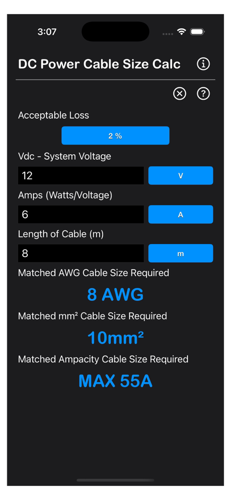 Mobile app interface for calculating DC wire gauge and cable size based on voltage and length