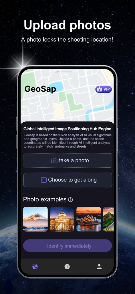 GeoSap - Smart Geotag Engine - Main screen of GeoSap app showing photo upload options for AI location identification
